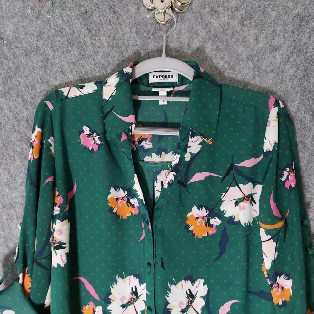 Express Womens Portofino Blouse S Green Floral Polka Dot Slim Roll Tab Top - Picture 3 of 8